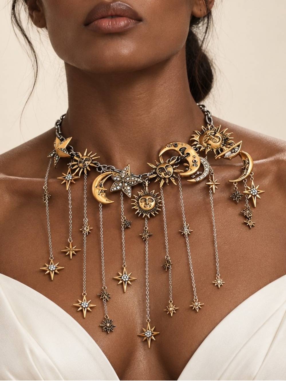 Vintage Celestial Sun & Moon Dangle Necklace